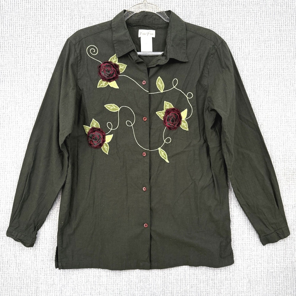 Bobbie Brooks Embroidered Rose Shirt Long Sleeve Button Green Sz M Cottage Fairy